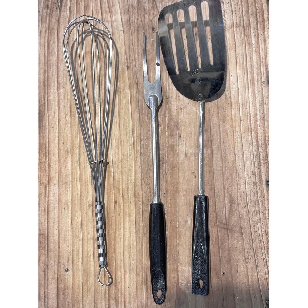 LOT 3 VINTAGE METAL KITCHEN TOOL UTENSIL WHISK SPATULA FORK EKCO CHROMIUM PLATE!